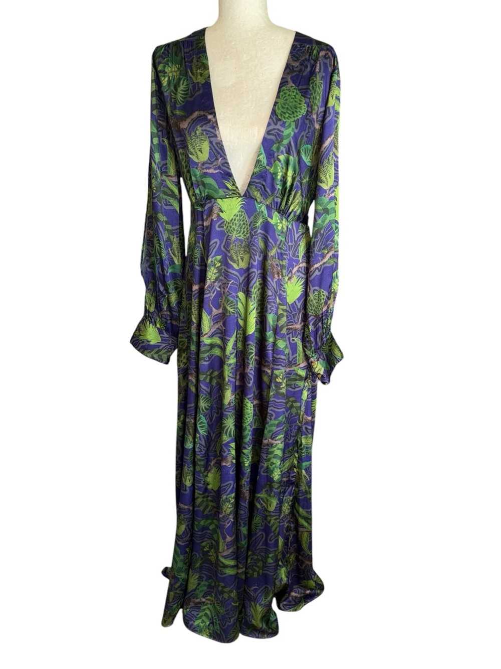 NWT Just Bellina Purple & Green Satin Plunging Split Sleeve Maxi Dress - M